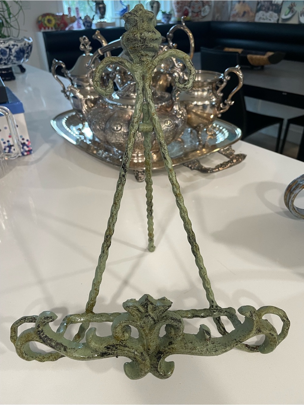 Verdigris Ornate Metal Table Easel Picture Cookbook Holder Shabby Distressed